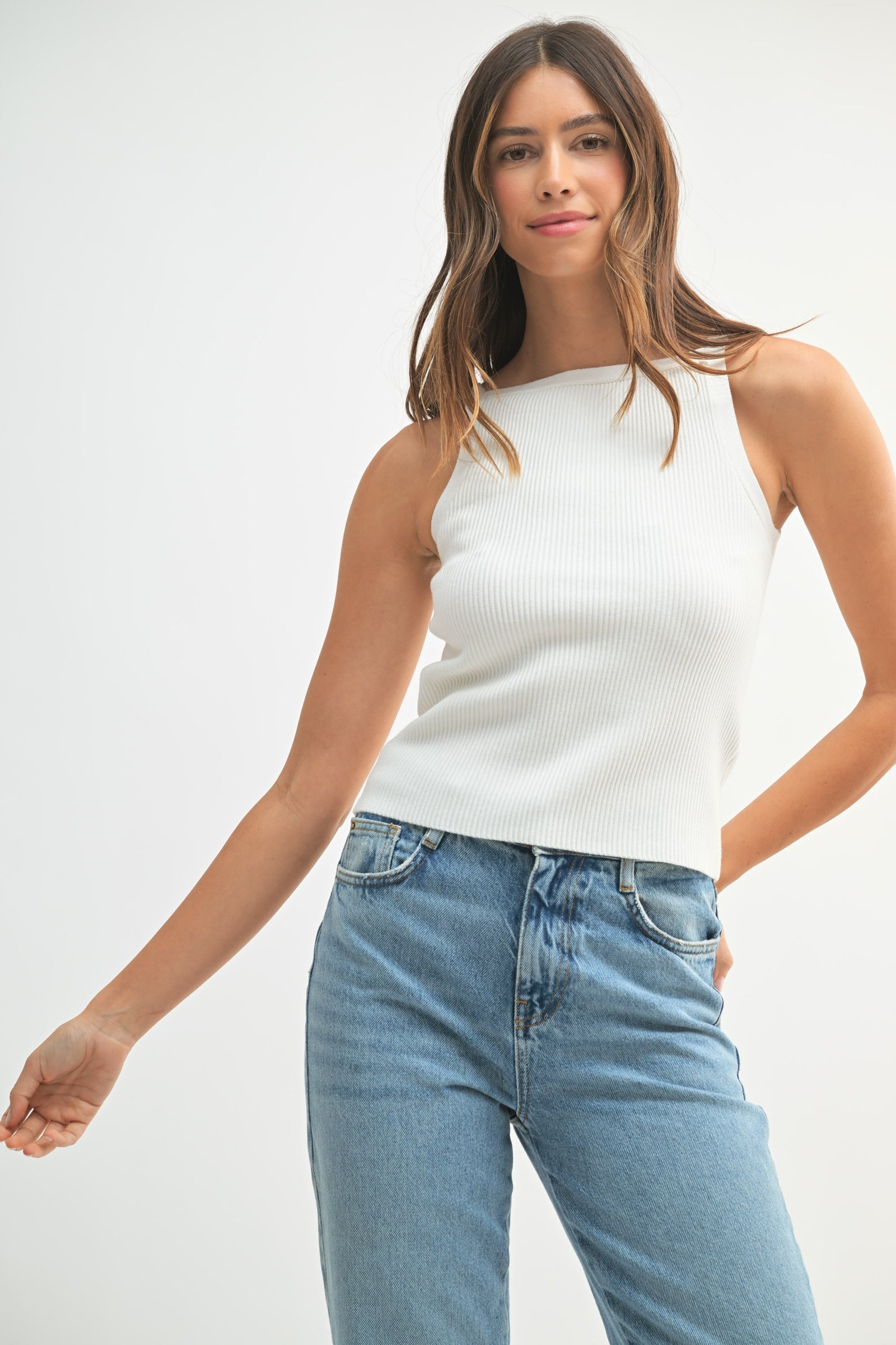 Ribbed Knit High Neck Sleeveless Top