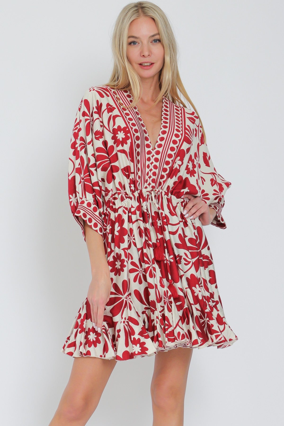 3/4 Dolman Sleeve Tie Border Printed Mini Dress