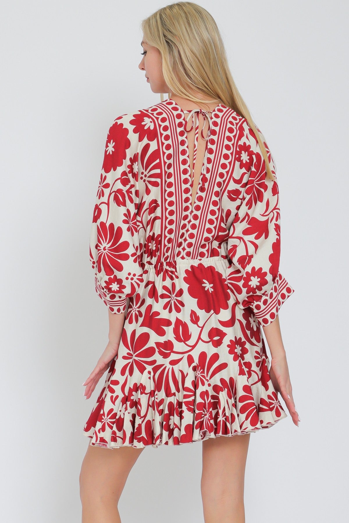 3/4 Dolman Sleeve Tie Border Printed Mini Dress - WalterGreenBoutique 3/4 Dolman Sleeve Tie Border Printed Mini Dress - WalterGreenBoutique