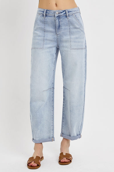 Mid Rise Barrel Relaxed Patch Pocket Jeans