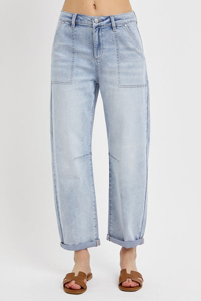 Mid Rise Barrel Relaxed Patch Pocket Jeans
