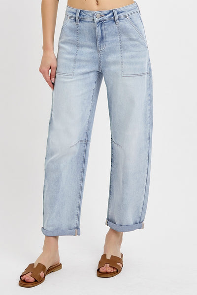 Mid Rise Barrel Relaxed Patch Pocket Jeans