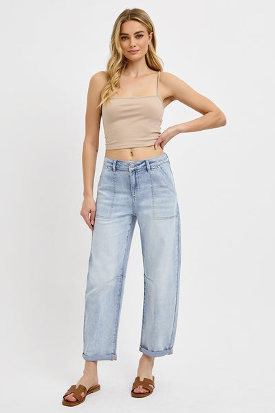 Mid Rise Barrel Relaxed Patch Pocket Jeans