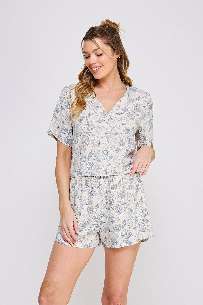 Seashell Printed Linen V-neck Button Up Top