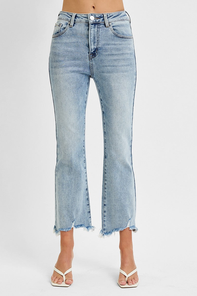 HIGH RISE CROP FLARE FRAYED HEM JEANS