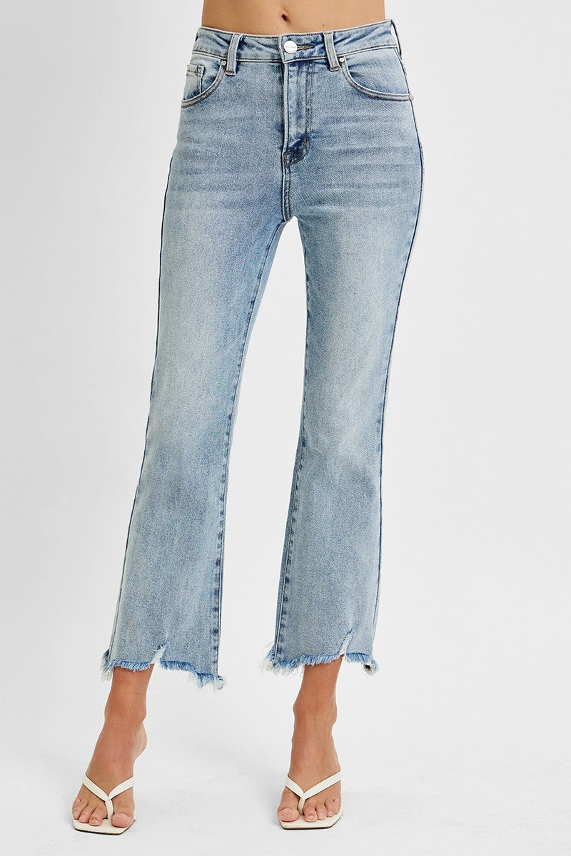HIGH RISE CROP FLARE FRAYED HEM JEANS WalterGreenBoutique