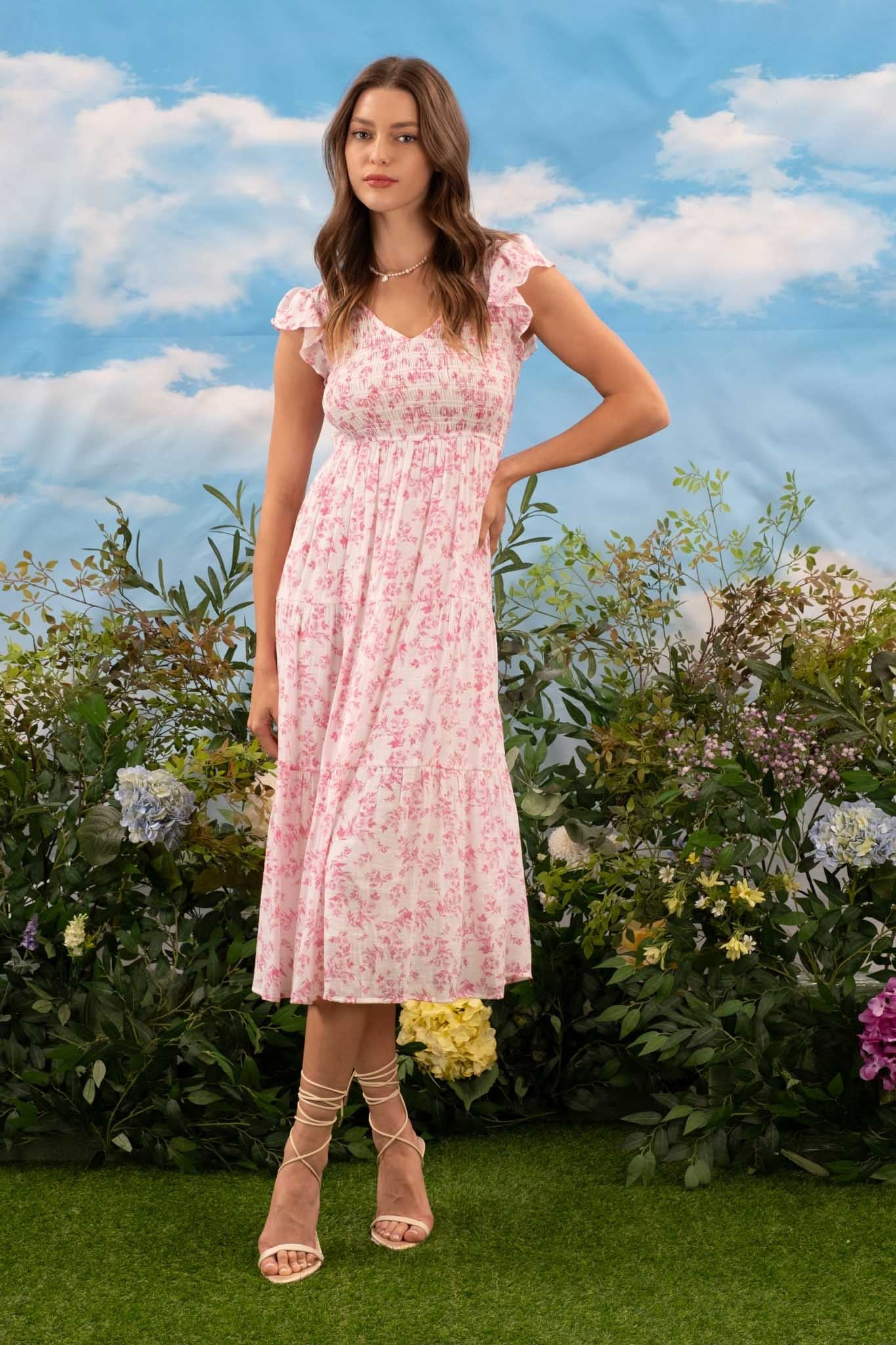 FLORAL V NECK SMOCKED SHORT SLEEVE MIDI DRESS