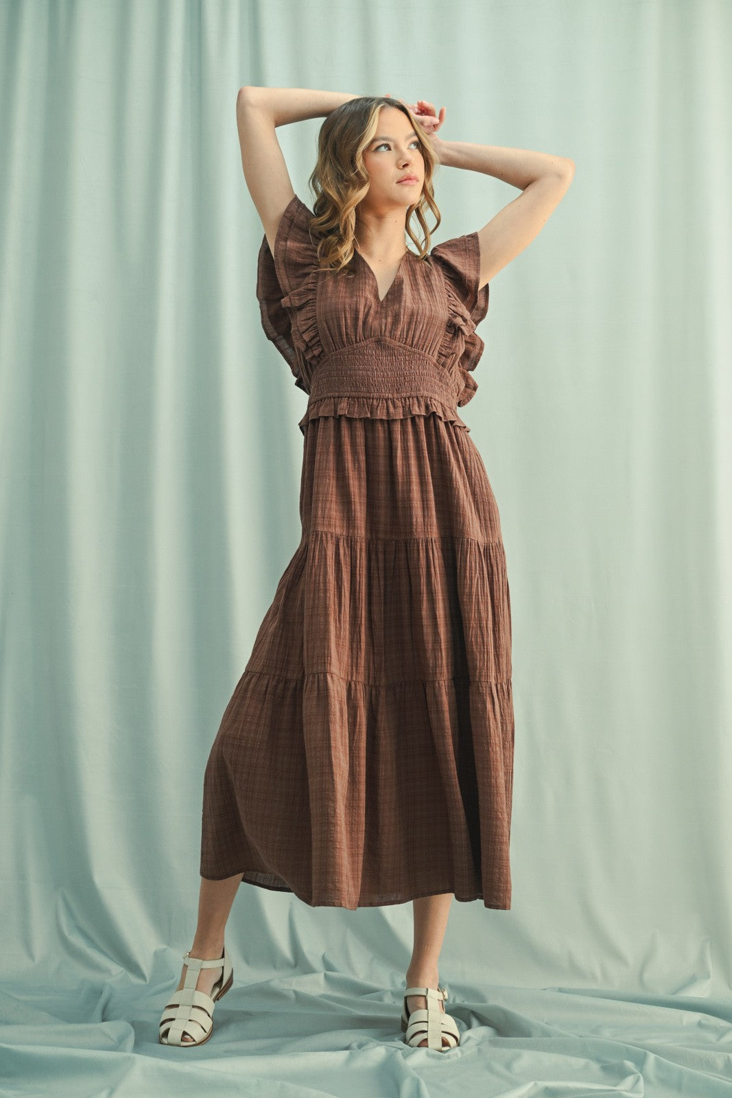 Plaid Ruffle Sleeve Midi Dress