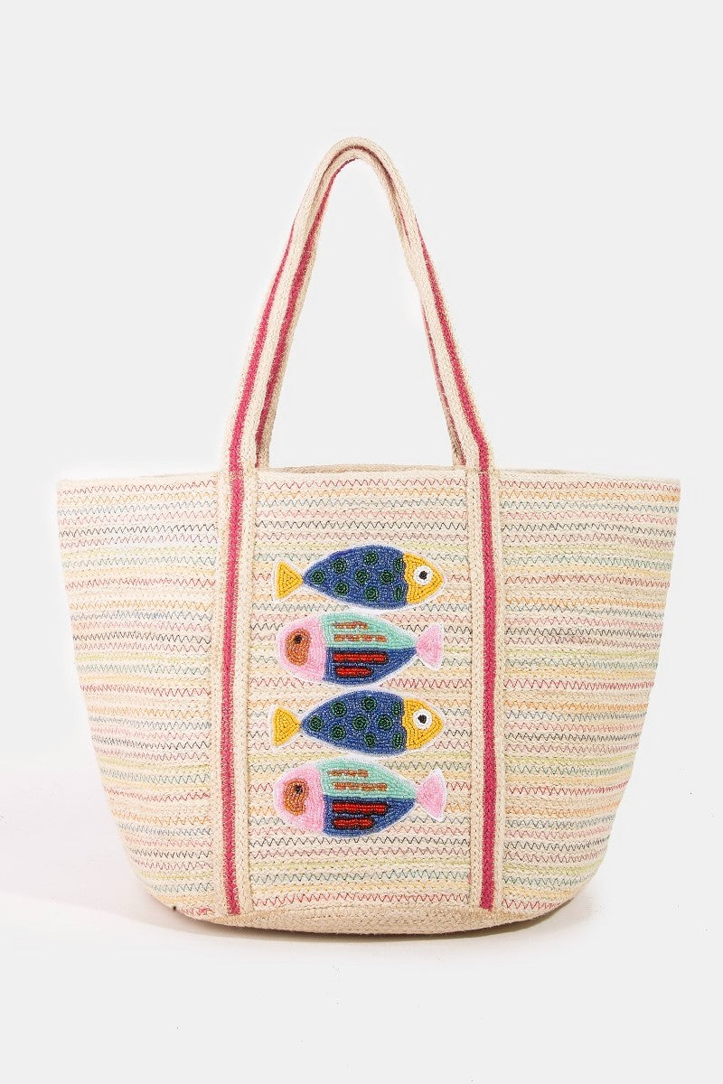 Seed Beaded Fishes Jute Tote Bag