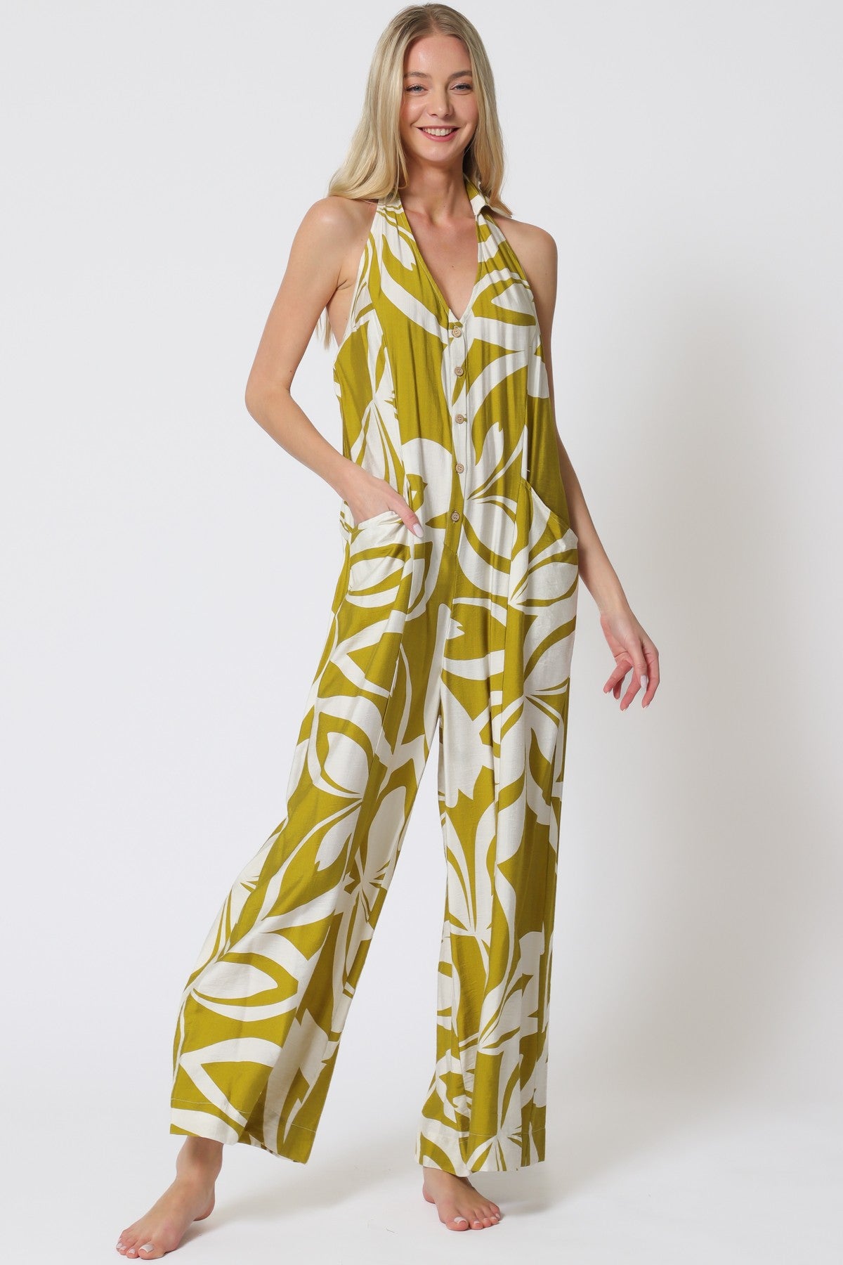 Button Down Backless Elastic Back Waisted Jumpsuit