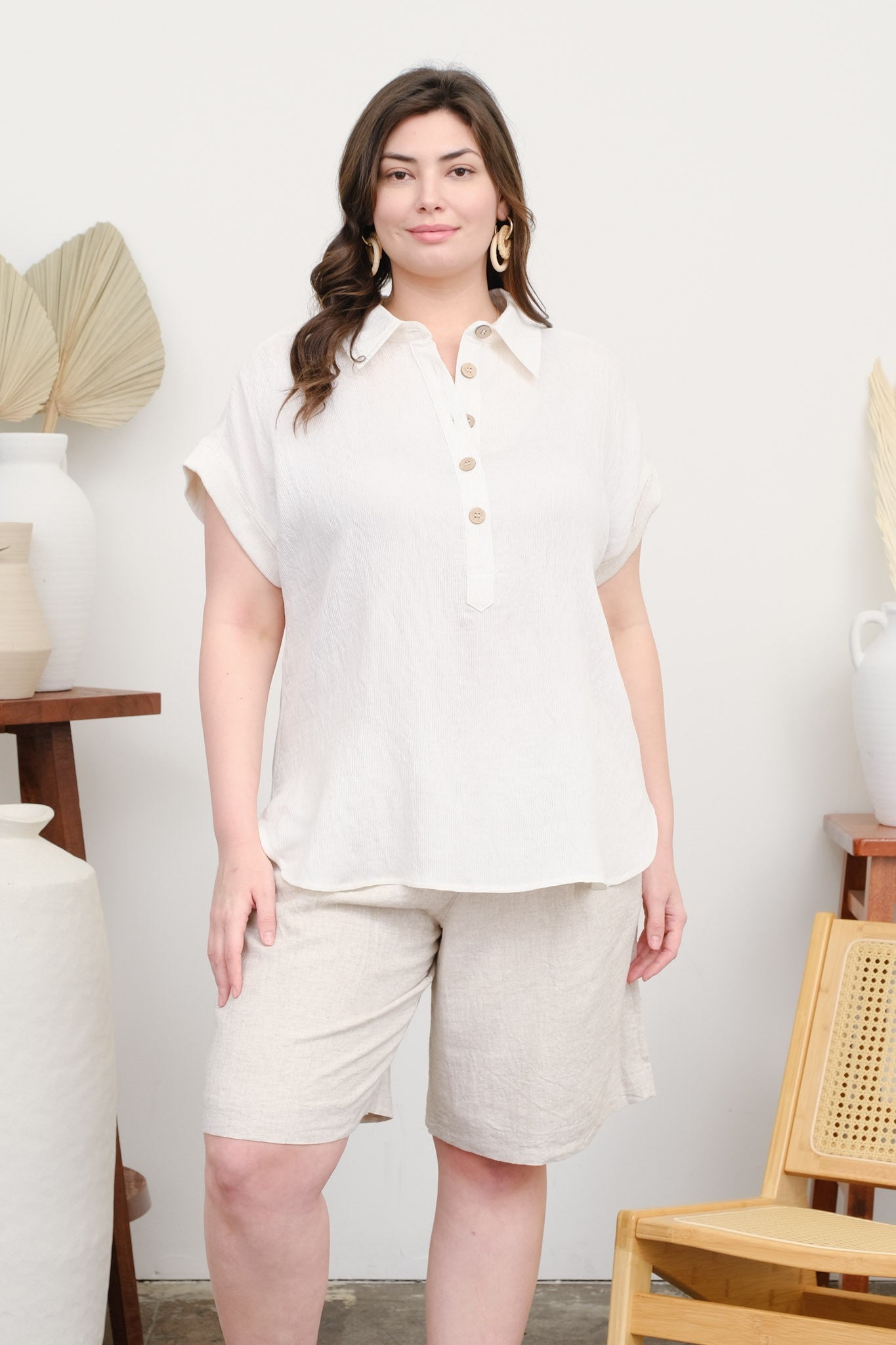 PLUS CUFF SLEEVE COLLARED HALF BUTTON LINEN SHIRT