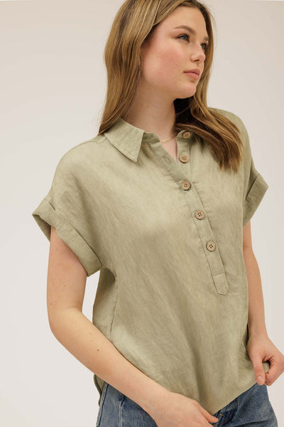CUFF SLEEVE COLLARED HALF BUTTON LINEN SHIRT