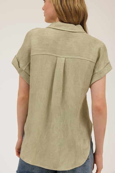 CUFF SLEEVE COLLARED HALF BUTTON LINEN SHIRT