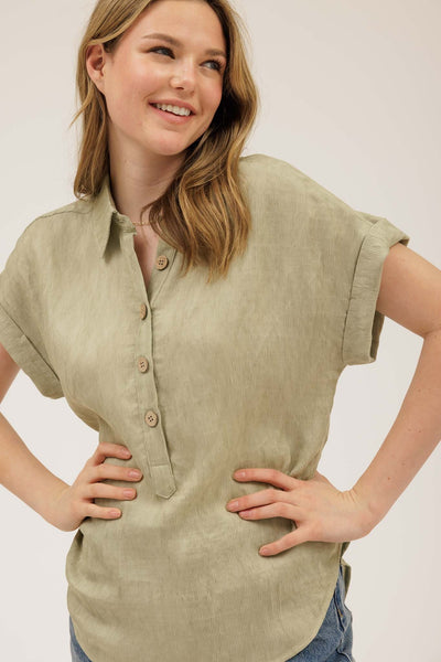 CUFF SLEEVE COLLARED HALF BUTTON LINEN SHIRT