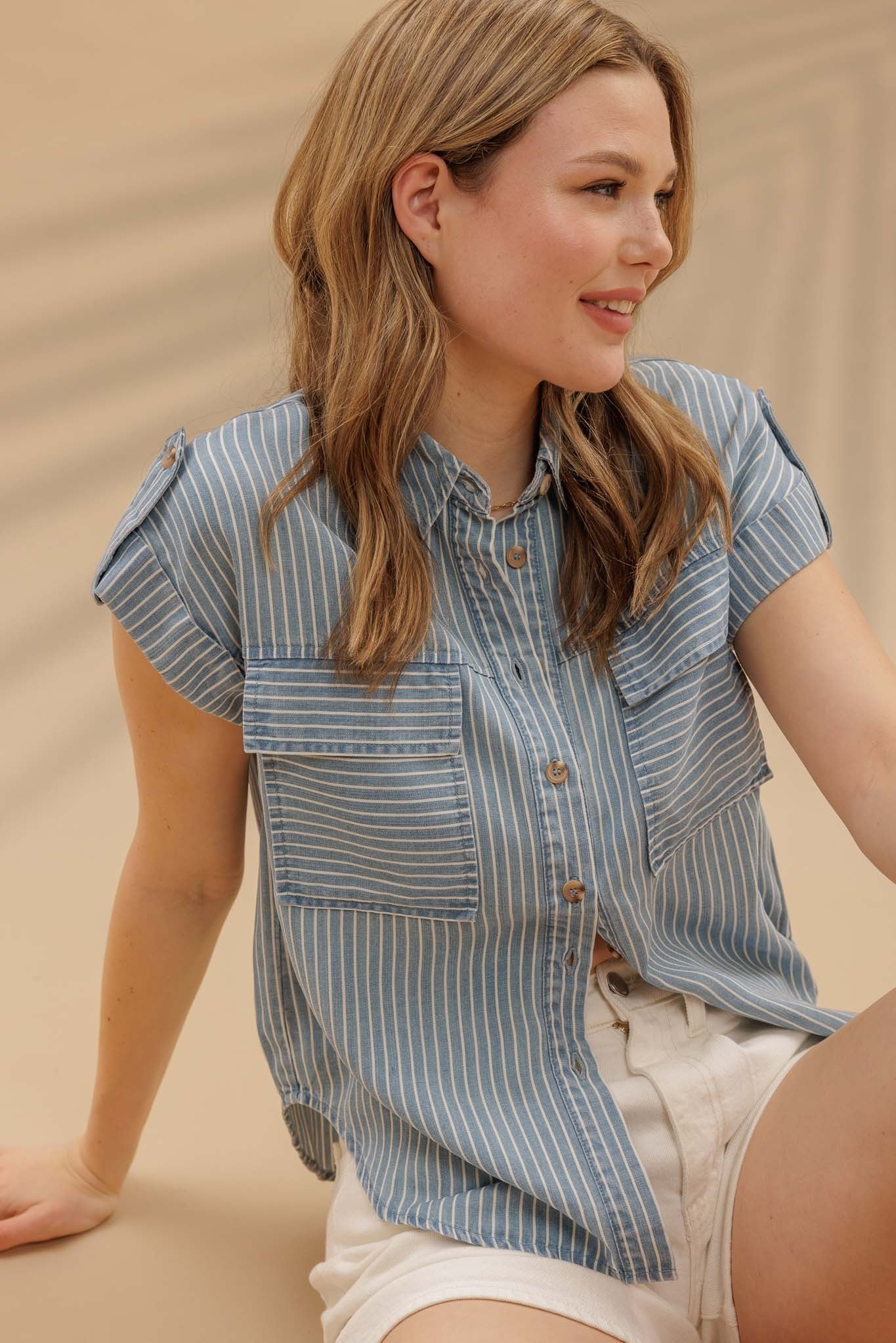 STRIPE BUTTON DOWN TAB SLEEVE CHAMBRAY SHIRT
