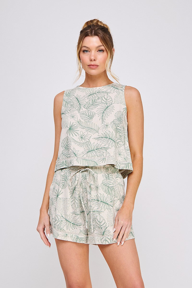 Printed Linen Blend Button Back Tank