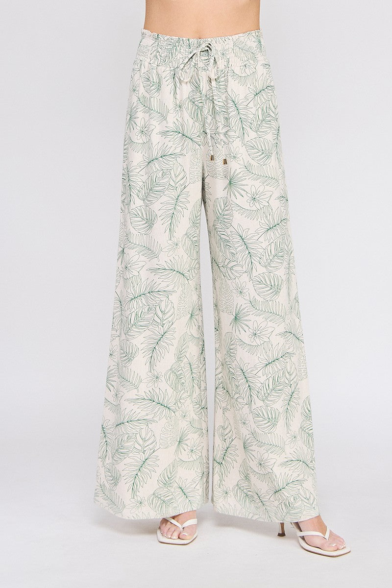 Printed Linen Blend Wide Leg Pants