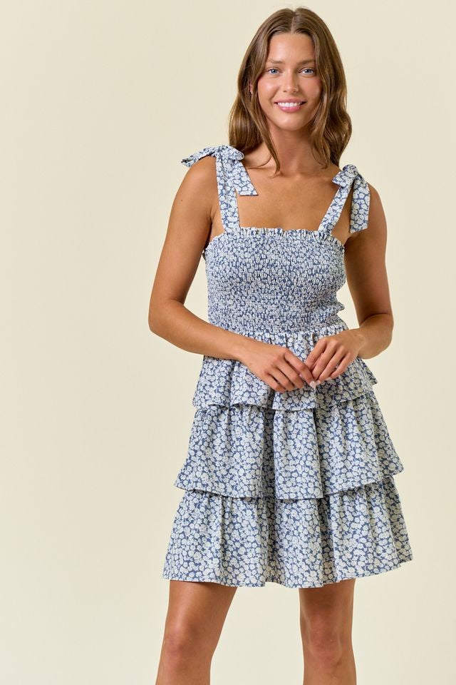 FLORAL PRINT SELF TIE STRAP SMOCKED BODICE TIERED MINI