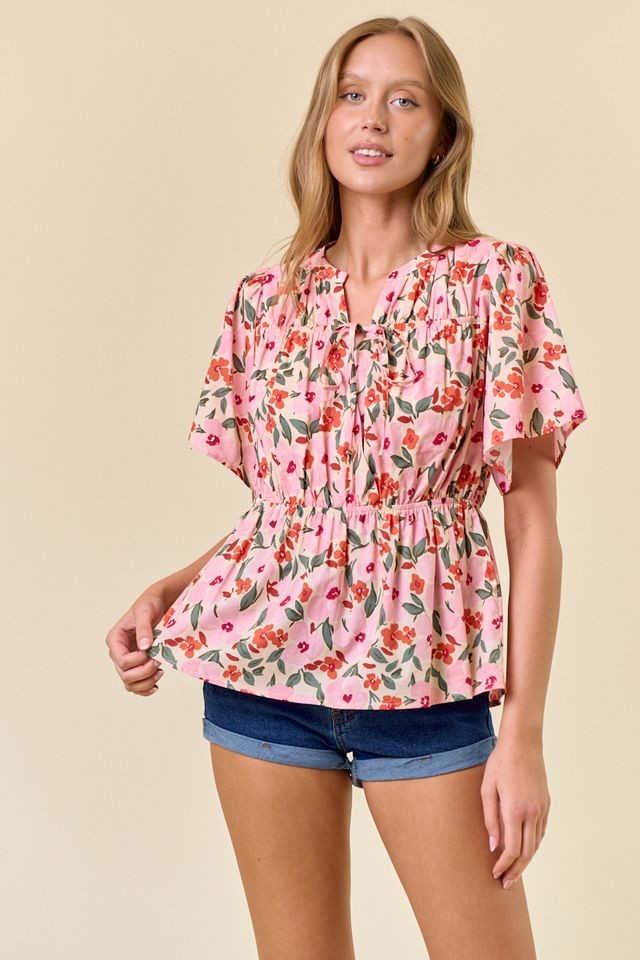 FLORAL PRINT TIE FRONT BABYDOLL BLOUSE
