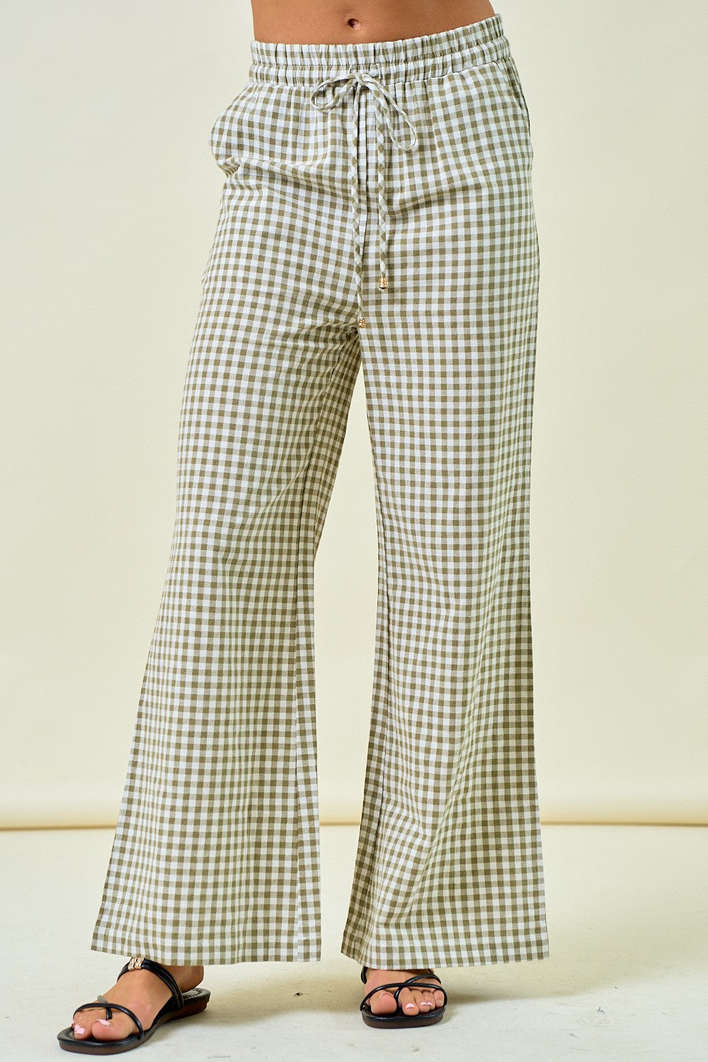 Gingham Wide Leg Elastic Pants W/ Pockets