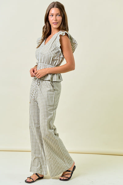 Gingham Wide Leg Elastic Pants W/ Pockets