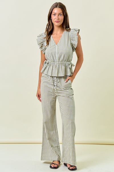 Gingham Wide Leg Elastic Pants W/ Pockets