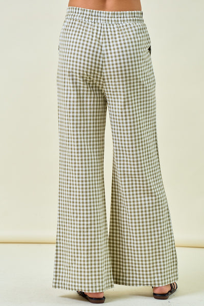 Gingham Wide Leg Elastic Pants W/ Pockets