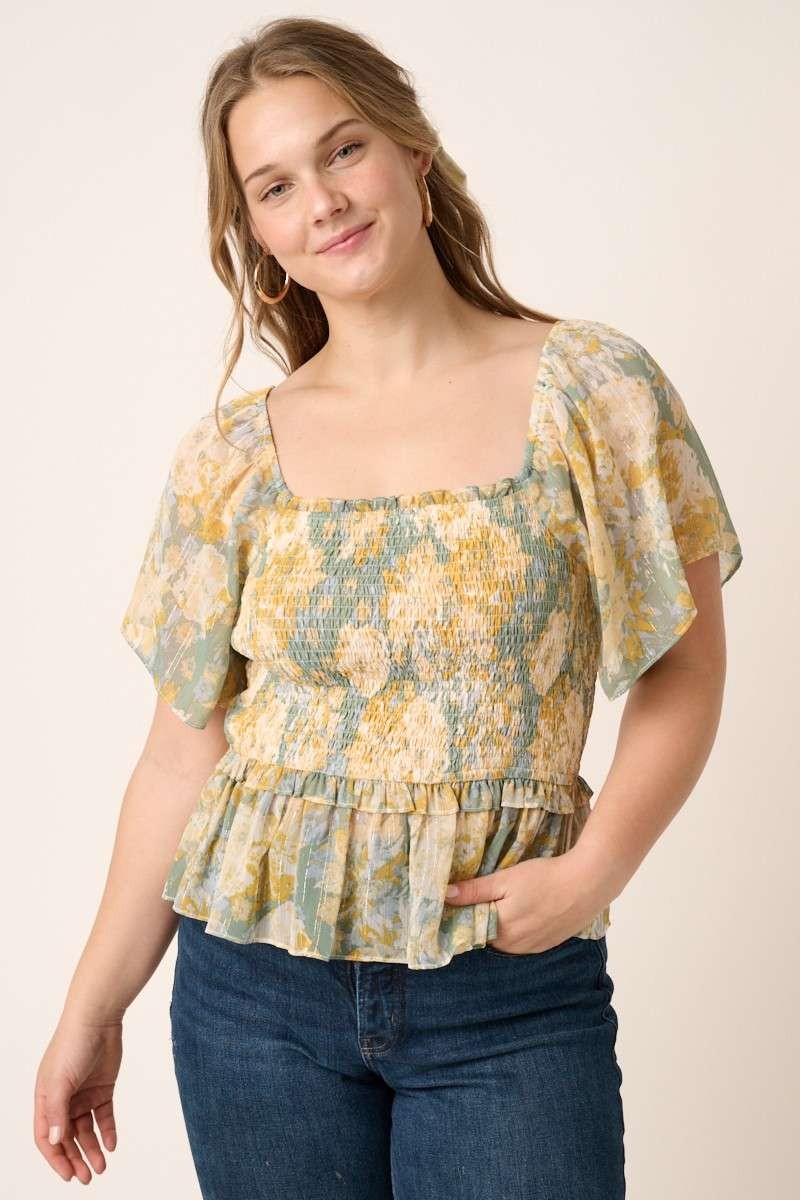 Plus Flower Print Smocking Detail Blouse