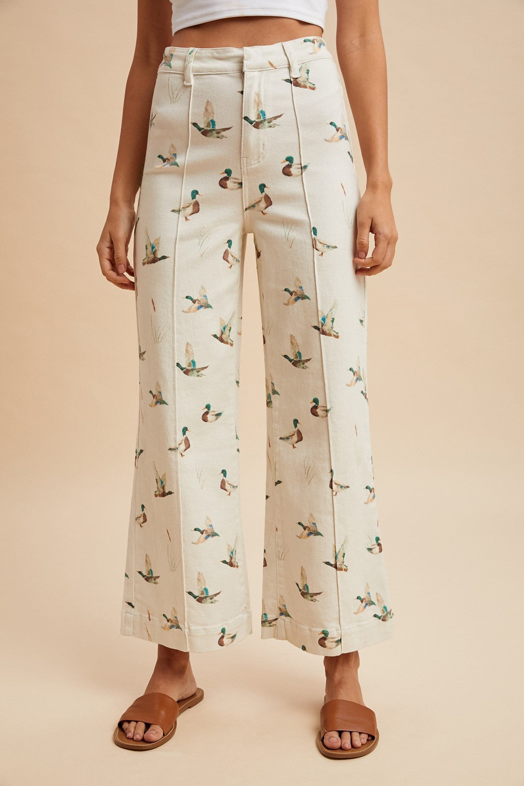 MALLARD PRINTED STRETCH DENIM WIDE LEG JEANS