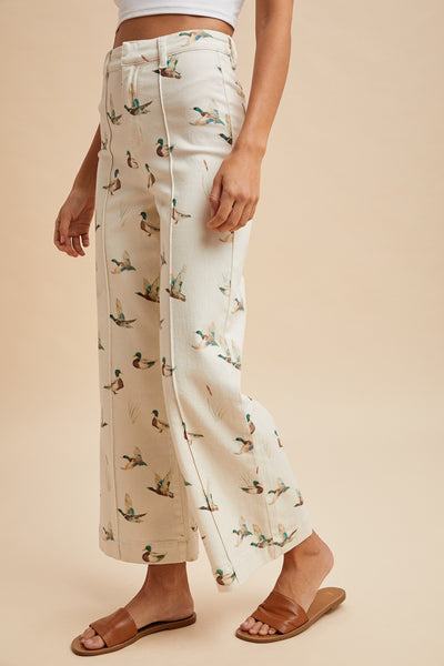 MALLARD PRINTED STRETCH DENIM WIDE LEG JEANS