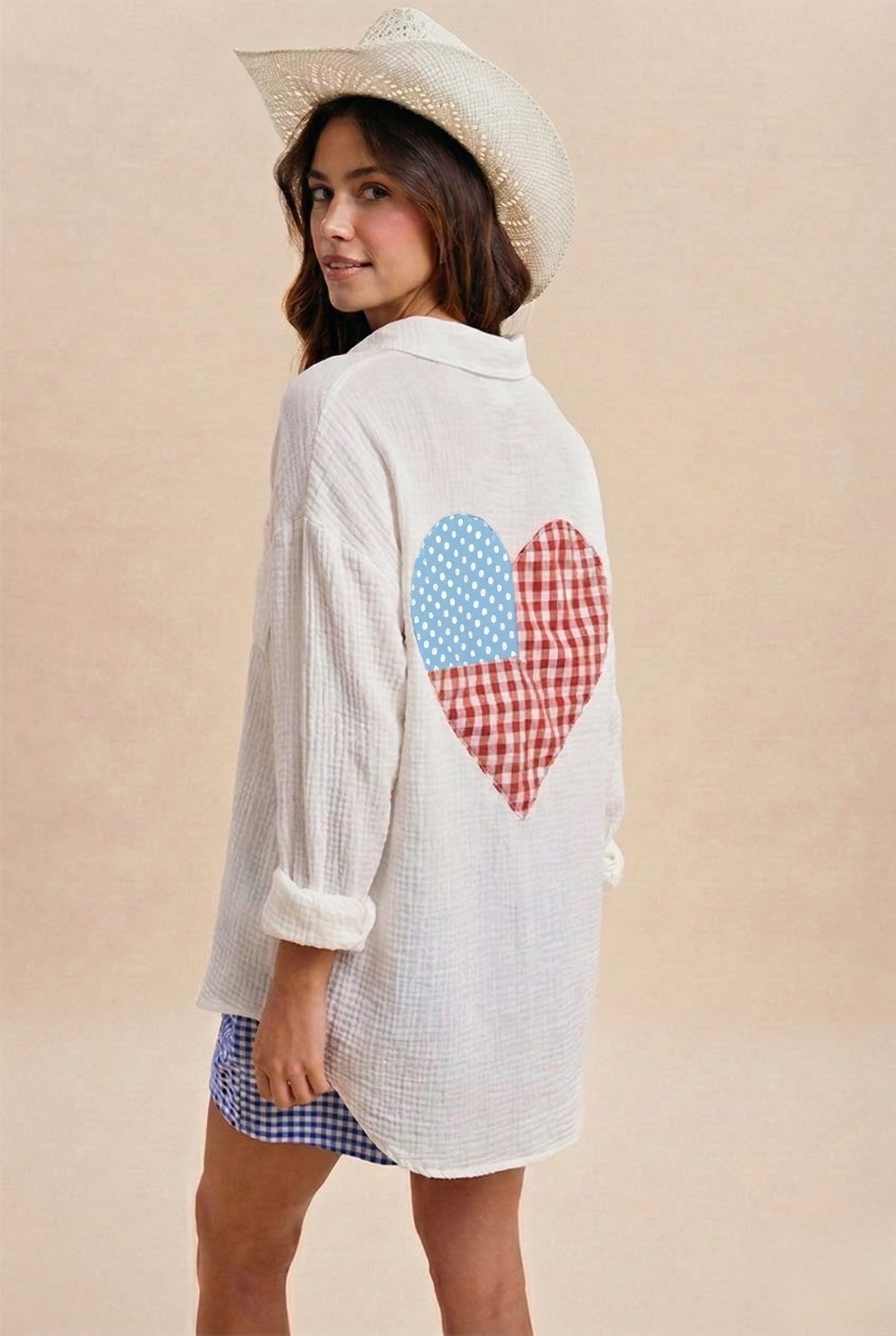 4th Of July Check Heart Patch Cotton Gauze Shirt