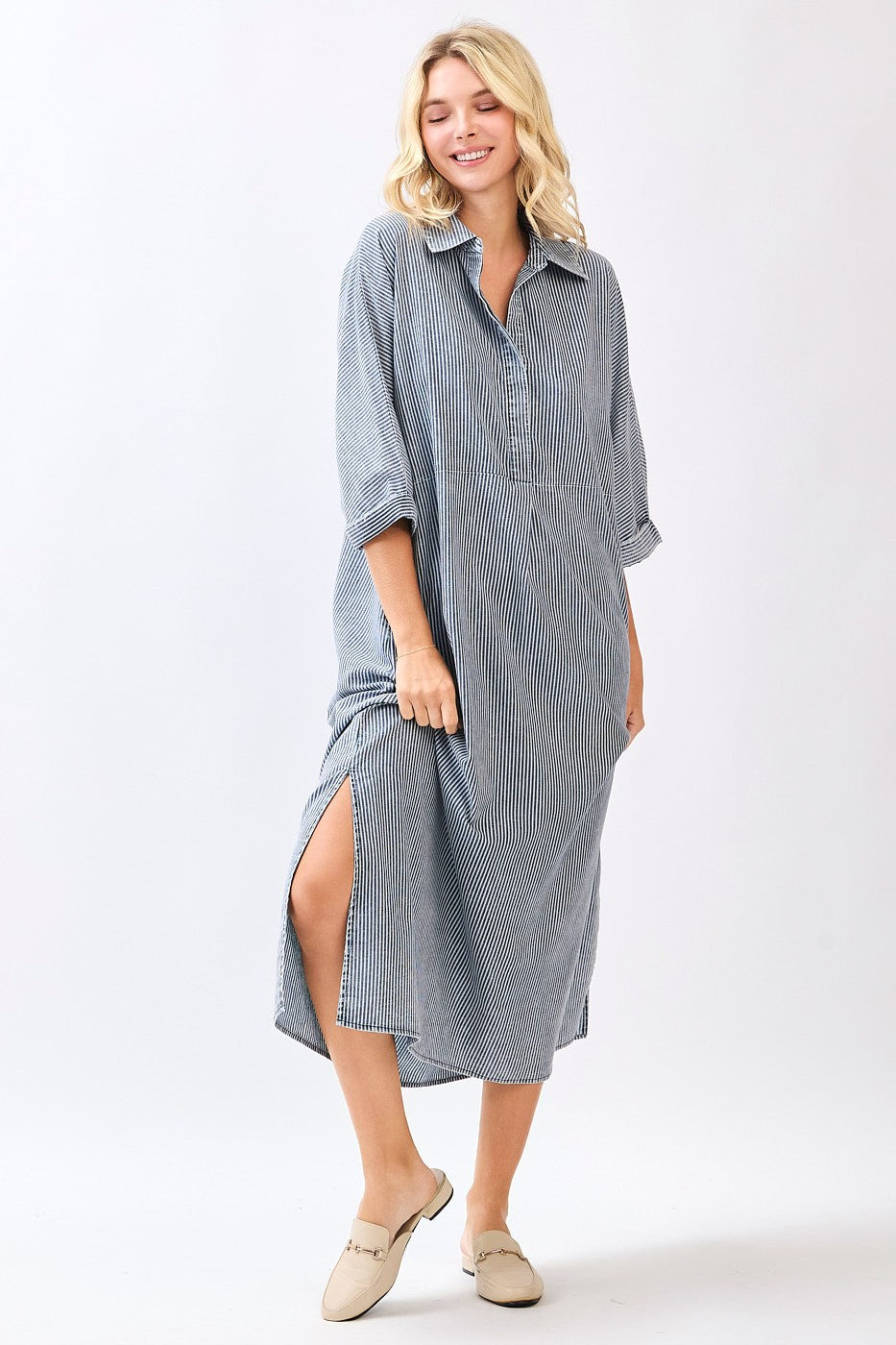 Washed Striped Print Collared Maxi Shirt Dress