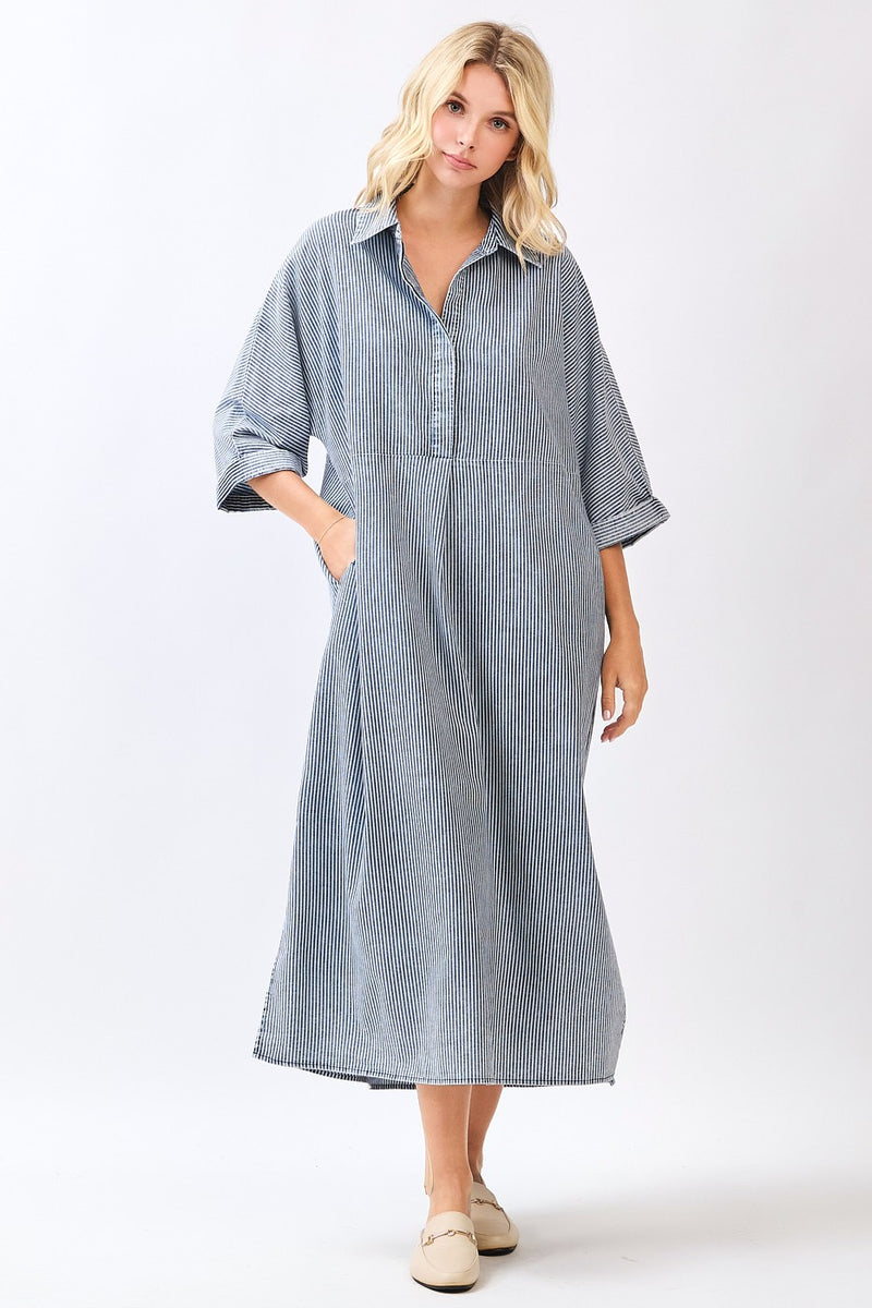 Washed Striped Print Collared Maxi Shirt Dress