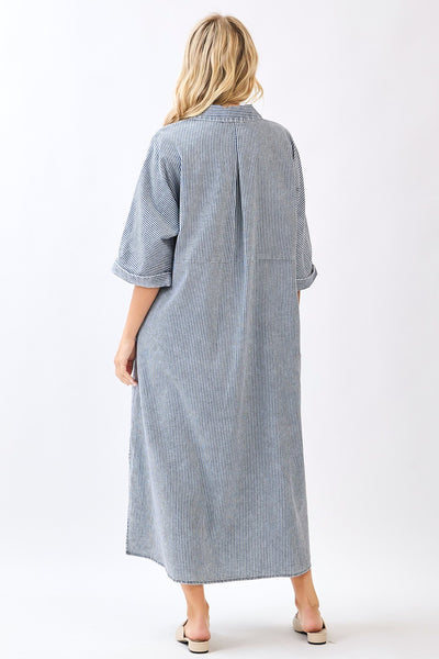 Washed Striped Print Collared Maxi Shirt Dress