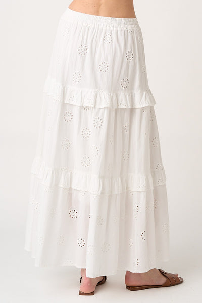 Broderie Ruffle Tier Elastic Waist Maxi Skirt