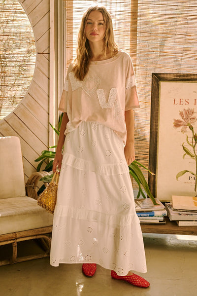 Broderie Ruffle Tier Elastic Waist Maxi Skirt