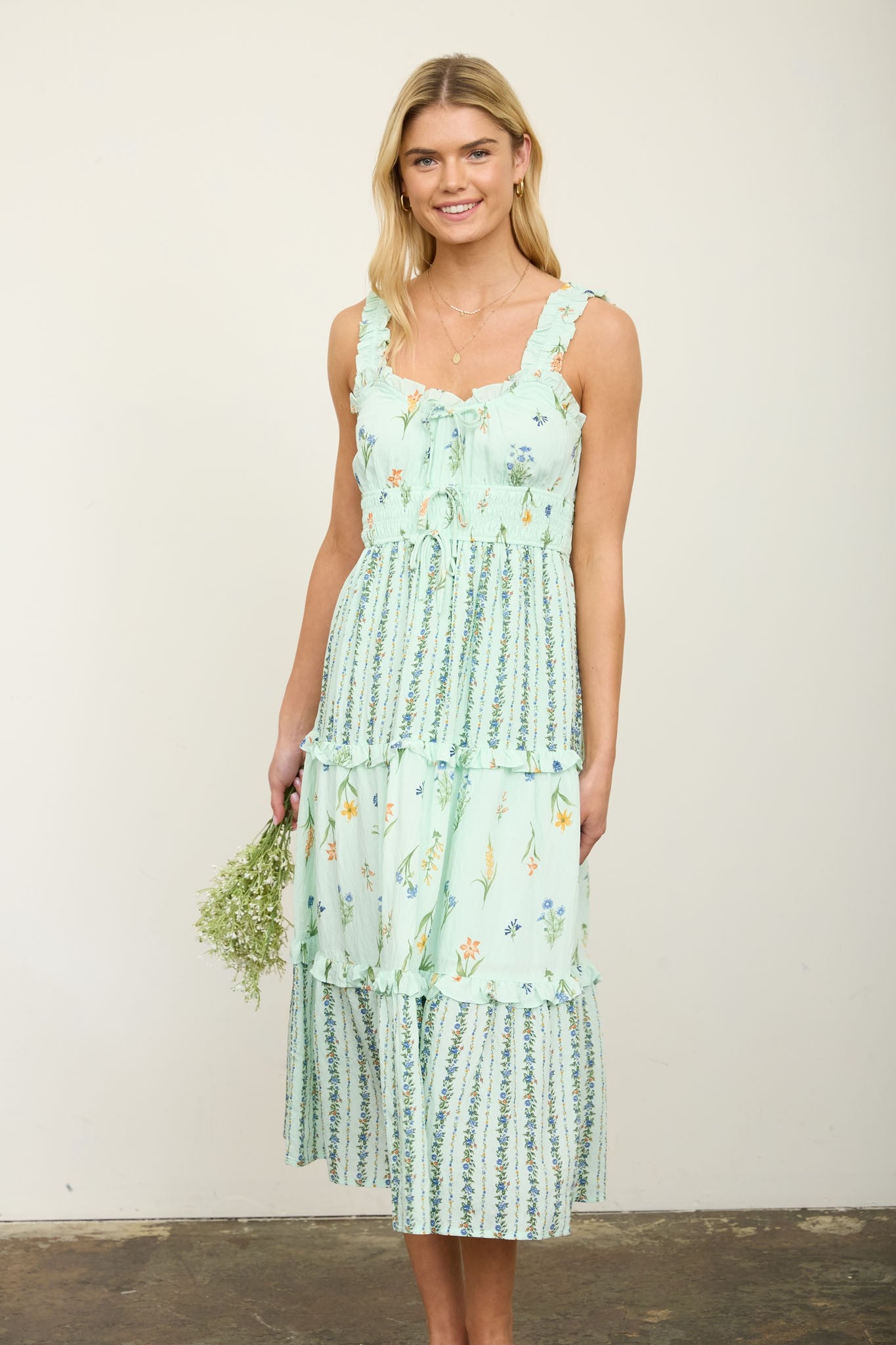 Floral Colorblock Ruffled Tiered Midi Dress