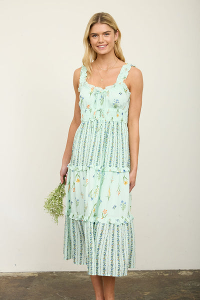 Floral Colorblock Ruffled Tiered Midi Dress