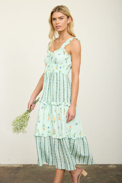 Floral Colorblock Ruffled Tiered Midi Dress