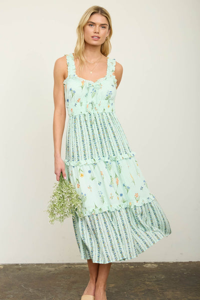 Floral Colorblock Ruffled Tiered Midi Dress