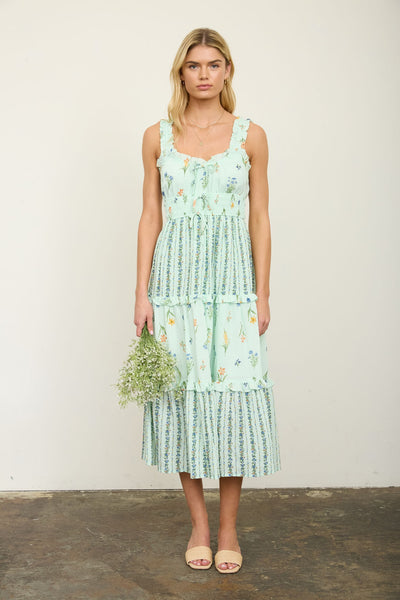 Floral Colorblock Ruffled Tiered Midi Dress