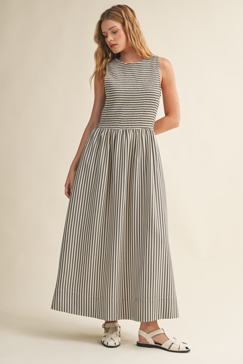 Striped Fabric Smocking Top Long Dress