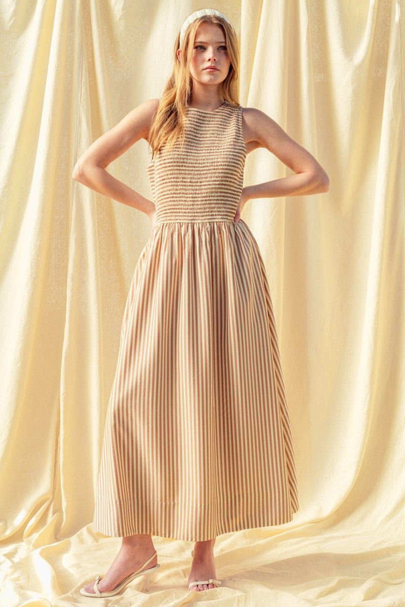 Striped Fabric Smocking Top Long Dress