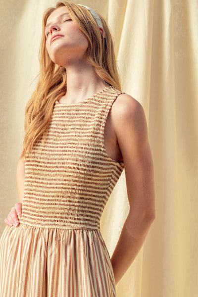 Striped Fabric Smocking Top Long Dress