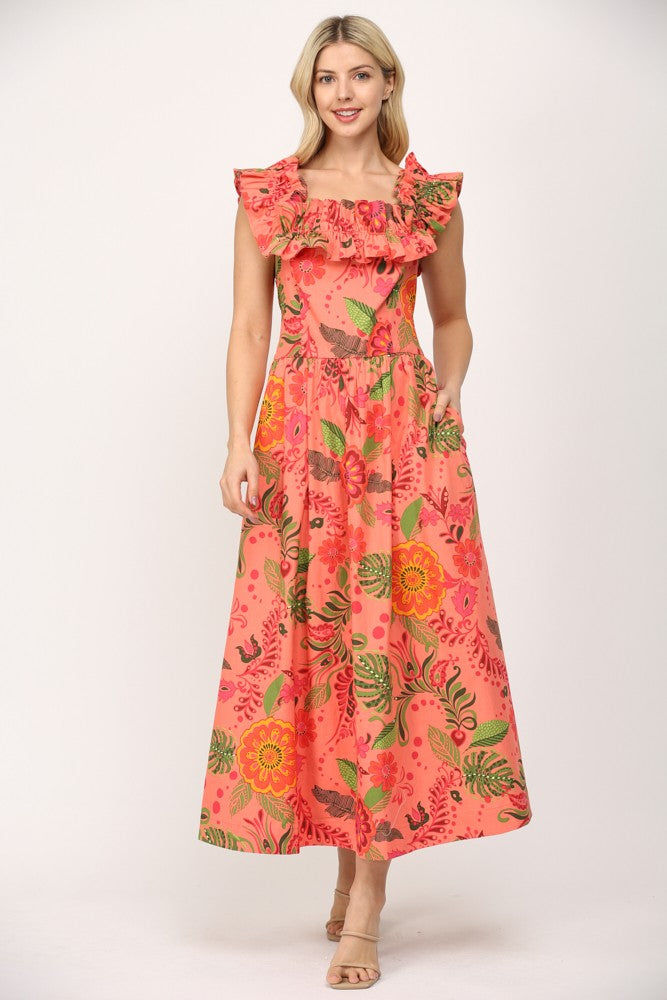Ruffled Elastic Shoulder / Cut-out Midi Dress