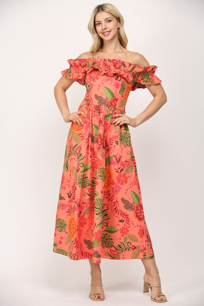 Ruffled Elastic Shoulder / Cut-out Midi Dress
