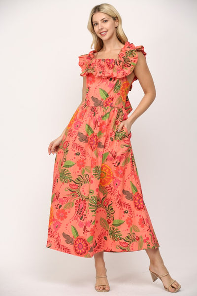 Ruffled Elastic Shoulder / Cut-out Midi Dress