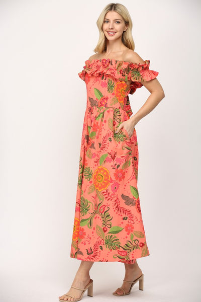 Ruffled Elastic Shoulder / Cut-out Midi Dress