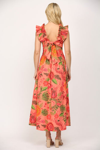 Ruffled Elastic Shoulder / Cut-out Midi Dress