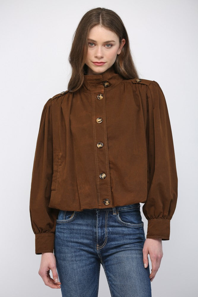 High Stand Collar Gathered Hem Bomber Jacket